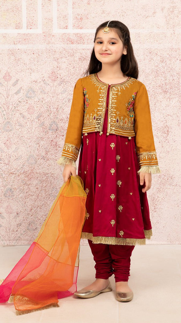 Bano- Red & Mustard Dhanak Embroiderd 3 Pc